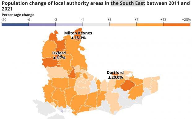 Oxford Mail: Population change of local authority areas in the South East between 2011 and 2021