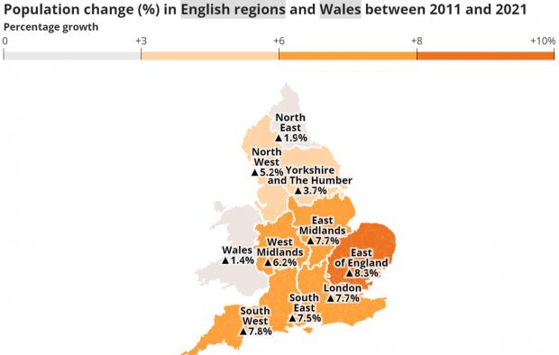Oxford Mail: Population change (%) in English regions and Wales between 2011 and 2021