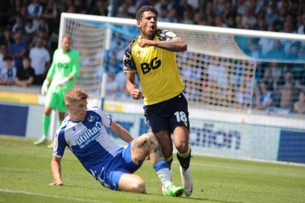Marcus McGuane is fouled during Oxford United's defeat at Bristol Rovers Picture: Darrell Fisher