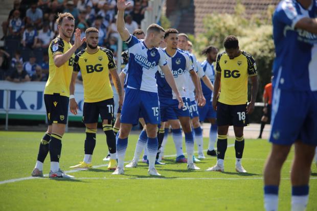 Oxford United set up for an attacking free-kick at Bristol Rovers Picture: Darrell Fisher