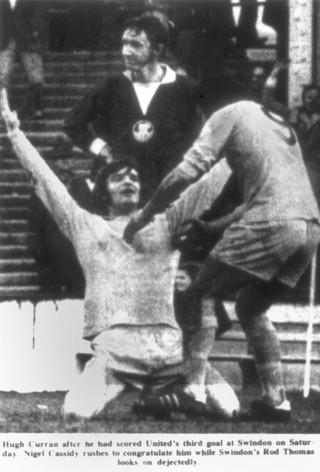 Hugh Curran is mobbed by Nigel Cassidy after scoring the U's third goal in their one and only league win at Swindon in 1973