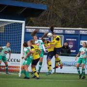 Gemma Sims heads home the first of her two goals for Oxford United in their Women’s FA Cup defeat against Plymouth
Picture: Darrell Fisher
