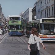 Buses in Cornmarket in 1998 a year before the street was pedestrianised