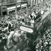 Oxford United fans celebrate promotion at the town hall in 1985