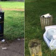 Rubbish bins overflowing and chair in the park