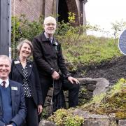 Tim Hedley-Jones, executive director of the Railway Heritage Trust, Ann Middleton, from Didcot Railway Centre and Andy Savage, chair of the Railway Heritage Trust, with the blue plaque