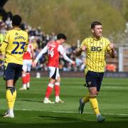 Oxford United midfielder Cameron Brannagan celebrates against Fleetwood Town