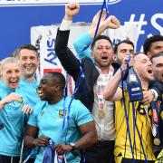 Oxford United head of medical Amy Cranston (far left) celebrates at Wembley