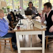 Jo Hamilton (left) sits down with broadcaster Mark Pougatch (right) to record the podcast in her kitchen at home in South Warnborough