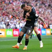 Adam Armstrong celebrates his goal in the Championship play-off final