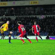 James Constable misses his shot in the first half against Hartlepool