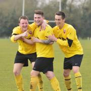 AFC Valley's Yousif Shahab (centre) celebrates scoring one of his two goals in the 4-0 home win over Sporting Headington Academicals in Division 1