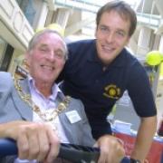 Jim Campbell, the Lord Mayor of Oxford and Colin Berryman 'rowing' to raise money for the appeal