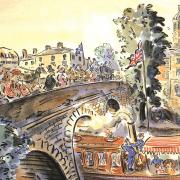 Arrival in Oxford  . . .  an illustration by Paul Cox from The Folio Society’s Three Men in a Boat ©Paul Cox