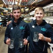 Falcon RC’s Seb Siswick (left) and Lorcan Nee back in their boathouse after a successful day at Bedford fours and Small Boats Head
