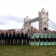 READY FOR ACTION: The Cancer Research UK Boat Race crews line up after the announcement