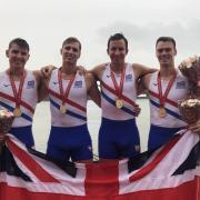 Oxfordshire duo Rory Gibbs (centre left) and Morgan Bolding (centre right) were in the victorious Great Britain four at the World Rowing ChampionshipsPicture: Lee Boucher