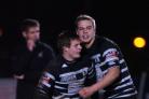 Chinnor’s Jack Green (right) congratulates Tom Gray on scoring a try against Oxford Brookes
