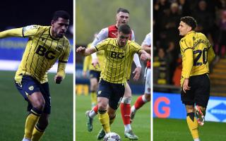 Marcus McGuane, Cameron Brannagan and Ruben Rodrigues in action for Oxford United