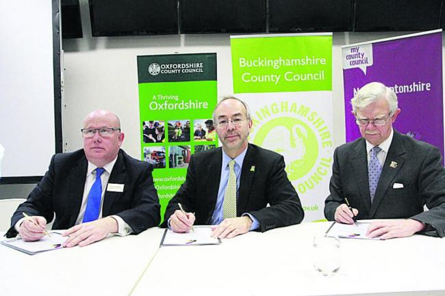 Leaders of Oxfordshire, Buckinghamshire and Northamptonshire county councils, from left, Ian Hudspeth, Martin Tett and Jim Harker