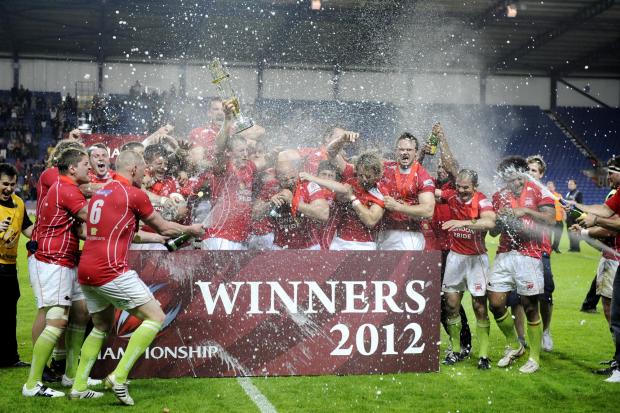 In their first game at Oxford, London Welsh celebrate their Championship play-off victory over London Cornish in 2012, which brought promotion to the Premiership