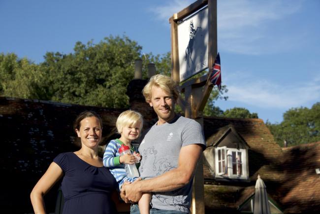 Three-time Olympic gold medallist Andy Triggs Hodge with his wife Eeke and son, Sebastian, in Checkendon