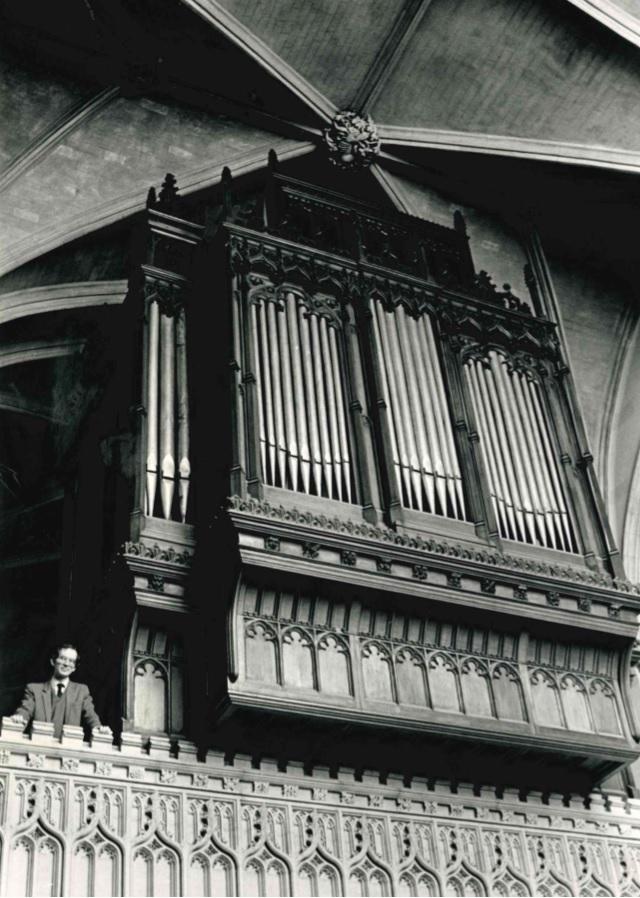 Dr John Harper at Magdalen College next to 25 foot high organ    May 2, 1985