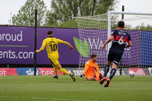 Marcus Browne scores Oxford United's first goal against Doncaster Rovers  Picture: Steve Daniels